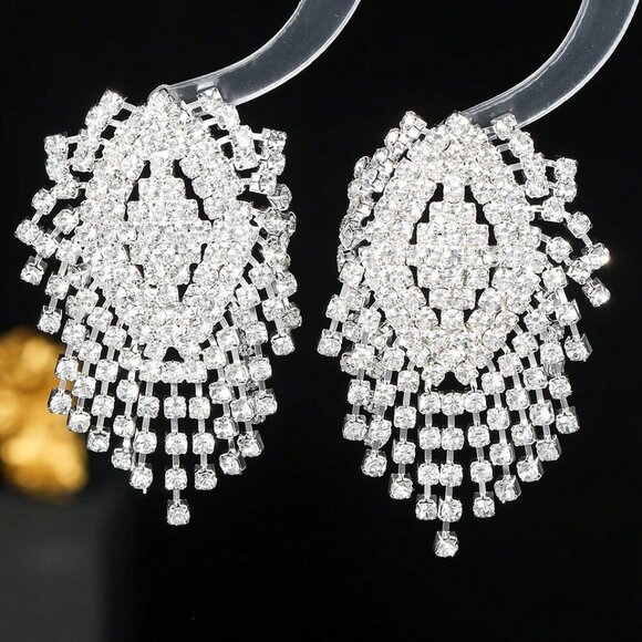 Silver Elegant glam Women's Gorgeous Crystal Tassel Drop Earrings - Picture 2 of 6